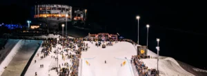 Laax Open 2025 pistes and halfpipe birds eye shot.